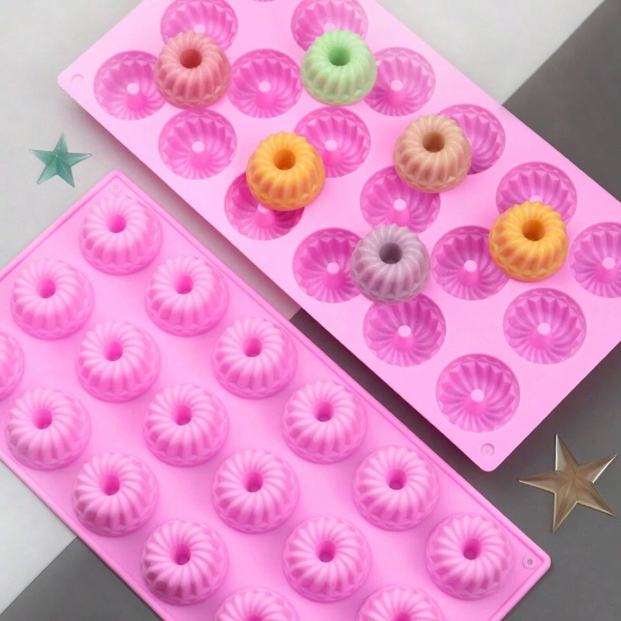 1pc 18-Cavity Mini Savarin Mold, Non-Stick Gugelhupf Cake Pan, Swirl Shape - Pink - View 1