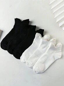 6 双男女通用运动袜，带后跟拉环设计，健身，秋季 - 黑與白 - 查看 3