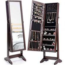 Jewelry Cabinet With Mirror, Jewelry Stand With Storage Space, Mirror Cabinet Jewelry Storage Lockable For Jewelry & Cosmetics - 棕色 - 查看 1