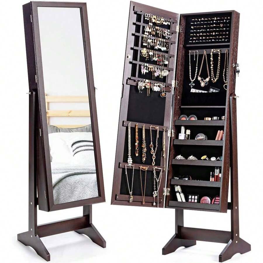Jewelry Cabinet With Mirror, Jewelry Stand With Storage Space, Mirror Cabinet Jewelry Storage Lockable For Jewelry & Cosmetics - 棕色 - 查看 1