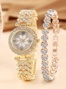 送給朋友的禮物,2 件時尚可愛青少年個人化金水鑽手錶和新穎時尚的金水鑽手鍊套裝 - 金色 - 查看 1