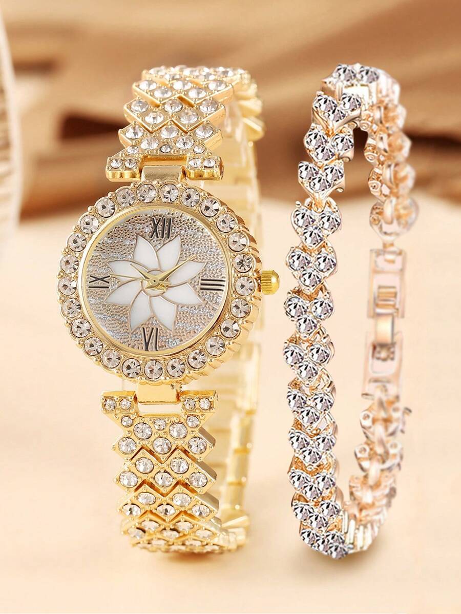 送給朋友的禮物,2 件時尚可愛青少年個人化金水鑽手錶和新穎時尚的金水鑽手鍊套裝 - 金色 - 查看 1