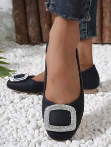 女士平底鞋，方头低帮鞋，带水钻扣，黑色，春夏季时尚鞋履 - 黑色 - 查看 5