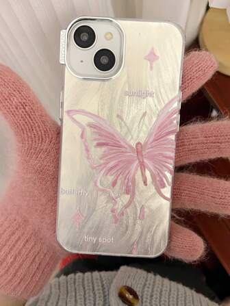 1pc Oil Painting Style Pink Butterfly Design Phone Case With Four Corners Anti-Drop Function, Compatible With IPhone