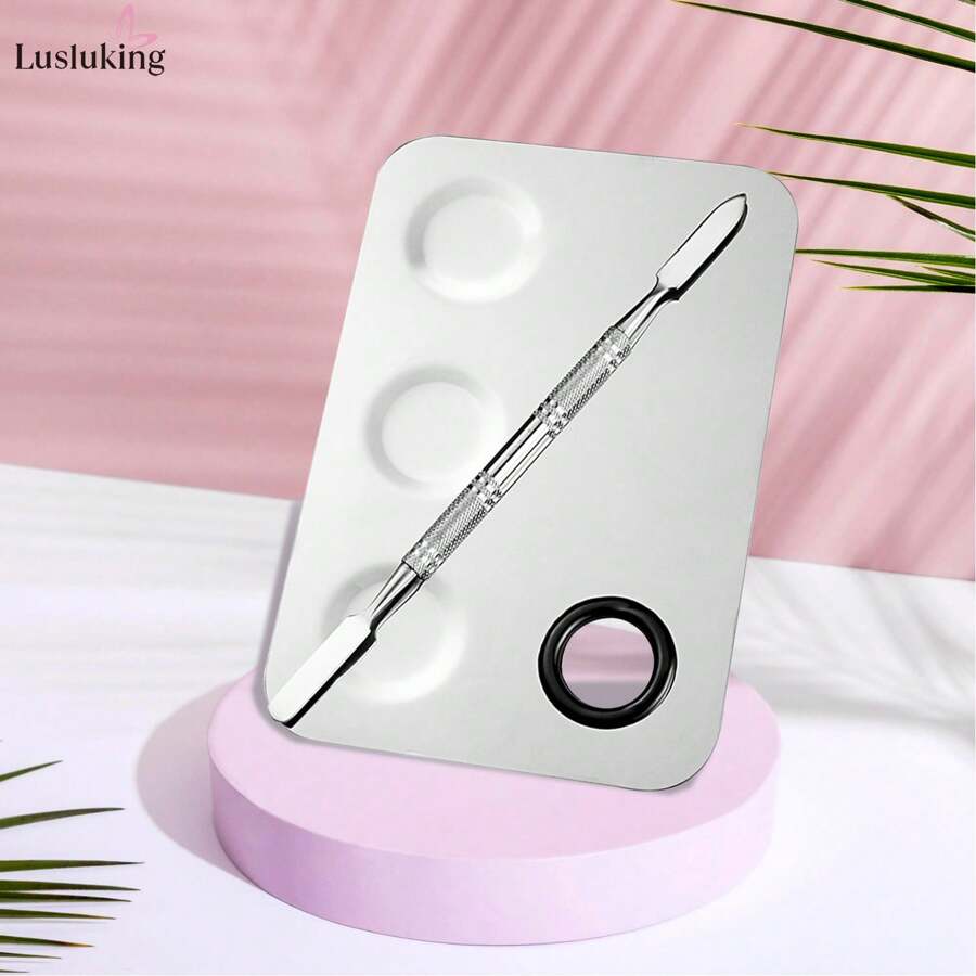 LUSLUKING Makeup Mixing Palette, Upgrade Stainless Steel Metal Mixing Tray With Spatula Artist Tool For Mixing Foundation - Silver - View 1