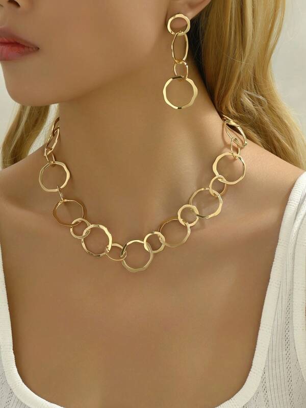 Juego De Joyas De Lujo Con Collar De Cadena De Tono Dorado Gótico Punk Y2k Y 1 Par De Pendientes Metálicos Brillantes Para Fiesta O Reunión De Año Nuevo De Mujeres
