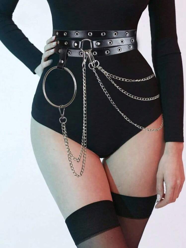 Arnês De Couro Pu Gótico Feminino O-ring Cinta De Cintura De Metal Corrente De Bondage Sexy Cintas Liga Suspensórios Ajustáveis - Preto - Visão 4