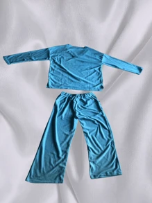 Women's Spring Comfortable Super Loose Solid Color V-Neck Long Sleeve Top And Pants, 2pcs Casual Daily Home Wear Set - Blue - View 2