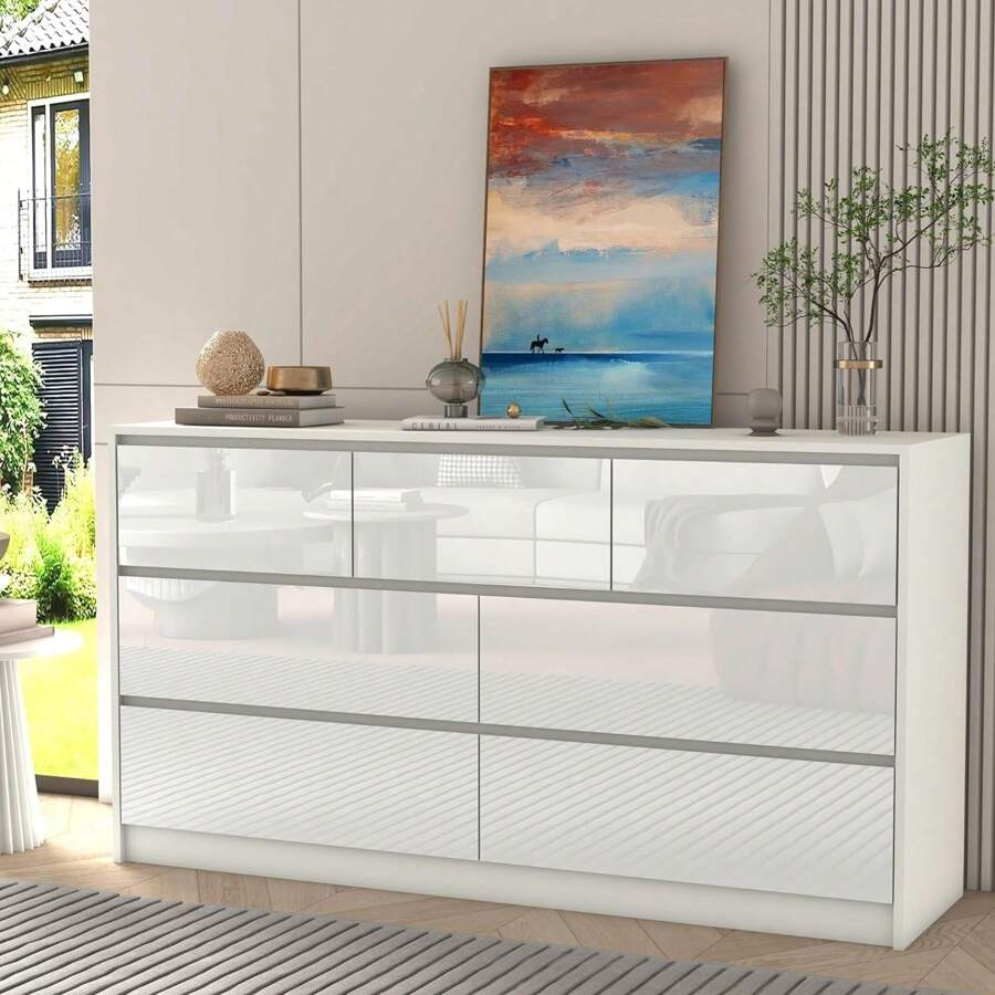 Dresser For Bedroom, Modern 7 Drawer Dresser With High Gloss Drawers, 55 Inch Large Wood Chest Of Drawer Handle Free, Long Dresser For Bedroom, Living Room, Entryway, Hallway - 白色 - 查看 1