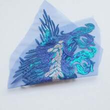 1pc Blue Feather & Sequin Embroidered Patch, Sheer Mesh Applique, Chinese Cheongsam Dress/Evening Gown/Stage Costumes Accessory, Without Adhesive - Blue - View 3