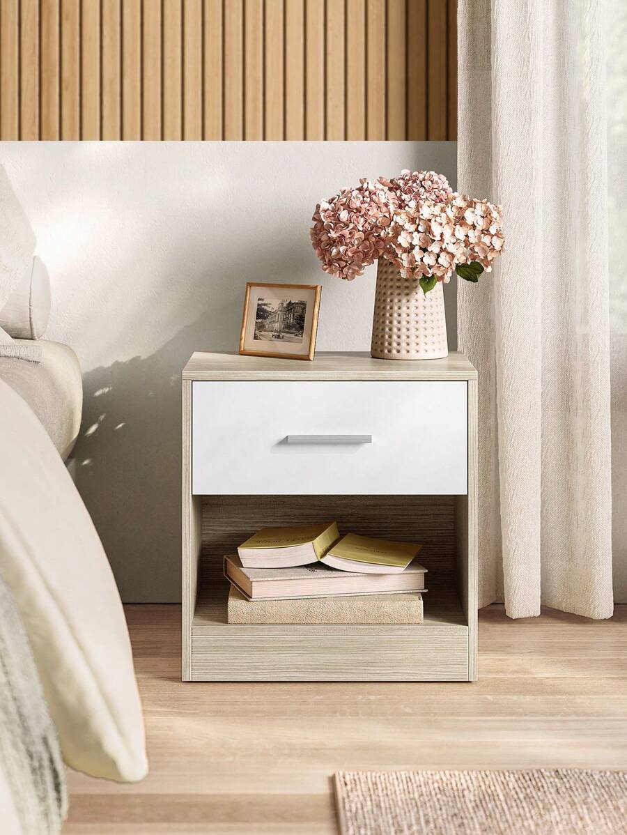 VASAGLE Mesita de Noche, Mesa Auxiliar con Cajón, Asa, Compartimento Abierto, para Dormitorio, Salón, Beige Natural y Blanco Nube - Beis - Ver 1