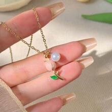 1pc Tulip Faux Pearl Necklace Female Summer Senior Design Sense Small Niche Bead Pendant Light Luxury Clavicle Chain Elegant Socialite