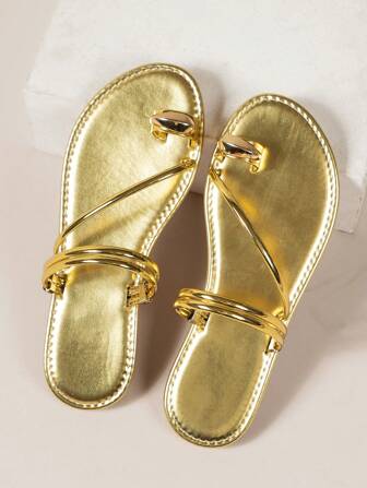 Women's Two Wearing Ways Flat Sandals With Toe Ring Strap, Gold,2024 New