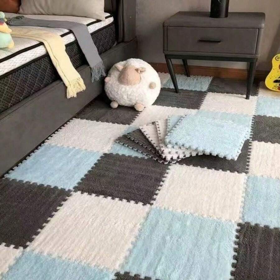 18pcs White, Grey, Light Blue Mixed Color Plush Carpet Mat With Anti-Slip, Shockproof, Hand-Washable And Cuttable Features, Perfect Home Decor For Living Room, Bedroom