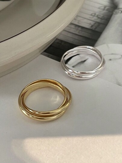 GAGAFEEL 1pc Sterling S925 Silver Vintage Elegant Fashionable Plated Golden Three Lines Geometric Minimalist Layers Finger Ring For Women Daily Life Party Friendship Jewelry GifPlatedt