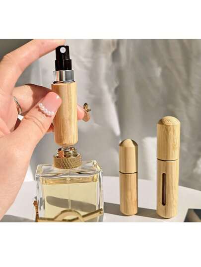 1pc Perfume Bottle Refillable From Bottom, With Bamboo Case And Spray Nozzle, 5ml 8ml Small Empty Bottle