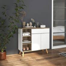 HOMCOM Aparador de Salón Moderno Aparador de Cocina con 1 Cajón 2 Puertas de Cierre Suave y Estantes Ajustables para Comedor Pasillo Dormitorio 95x35x85 cm Blanco y Natural