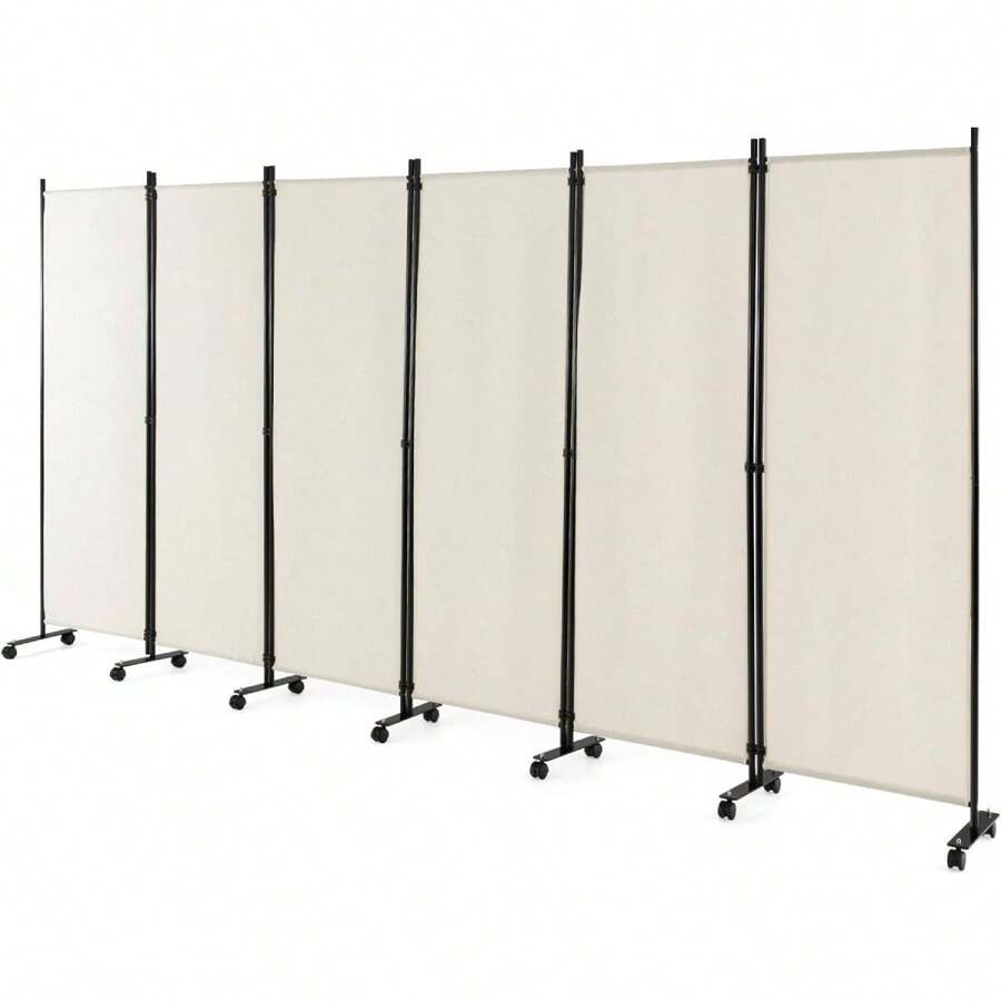 6-Piece Fabric Room Divider With Wheels, 172cm High Privacy Screen With Metal Frame, Screen Partition For Living Room And Dining Room (White)