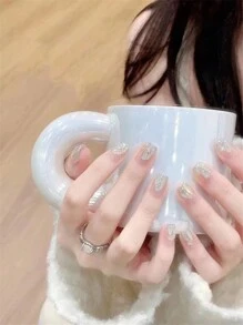 24入組方形短指甲,多肉綠色指甲,閃閃發光的鑽石假指甲,附1個指甲文件和1個果凍凝膠,指甲套裝,釋放指尖的魅力 - 彩色 - 查看 2