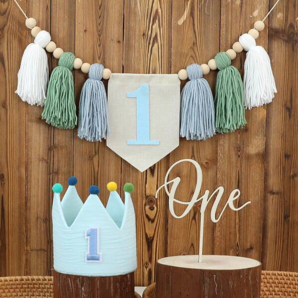 Handmade 1st Birthday Decoration Blue Crown Headband, One Year Old Birthday Blue & Green Tassel Headwear