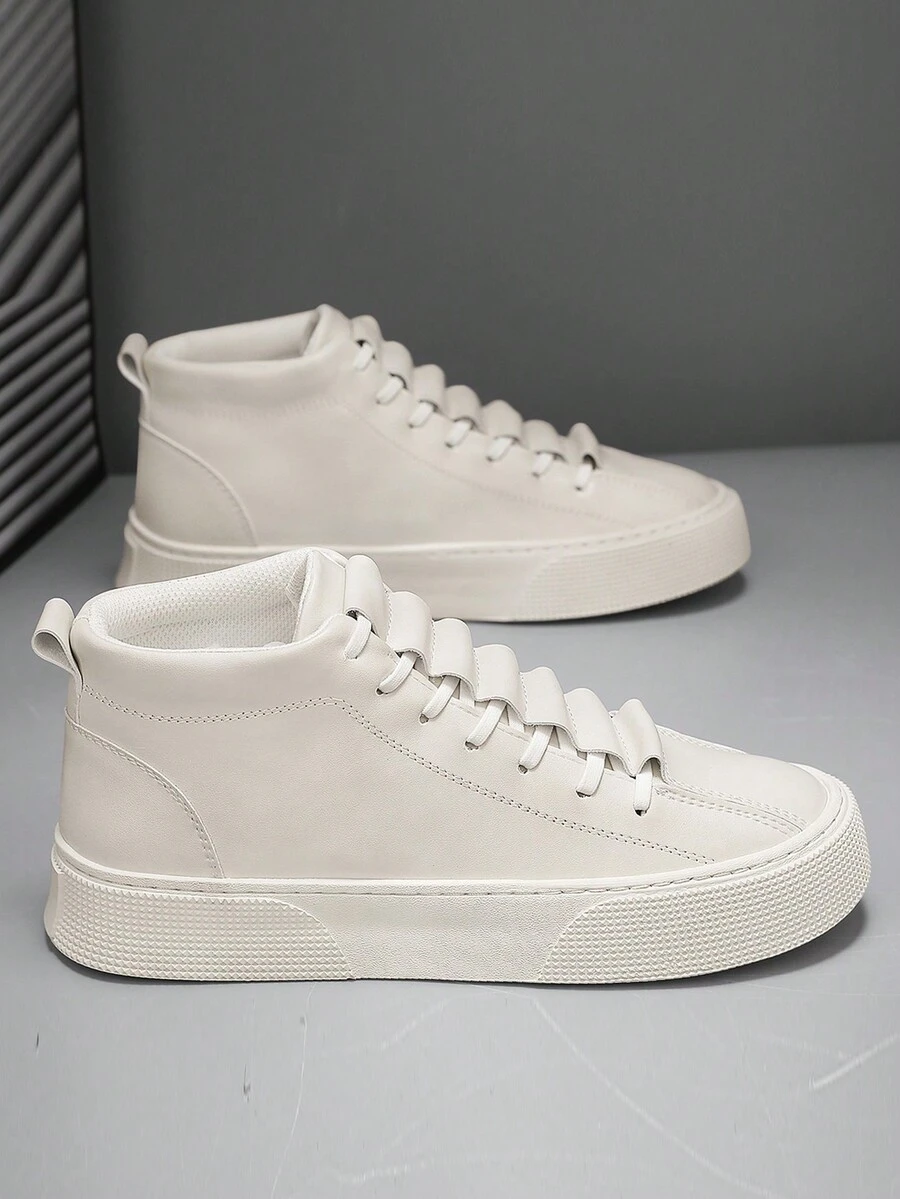 厚底百搭中帮男鞋，四季时尚运动鞋，透气又时尚。男士休闲皮革中帮运动鞋 - 白色 - 查看 1