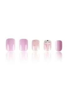 24pcs Short Square Easter Bunny & Heart Design Shiny False Nails Set, Press On Nails For Women And Girls Nail Supplies