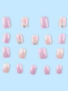 24pcs Short Square Easter Bunny & Heart Design Shiny False Nails Set, Press On Nails For Women And Girls Nail Supplies