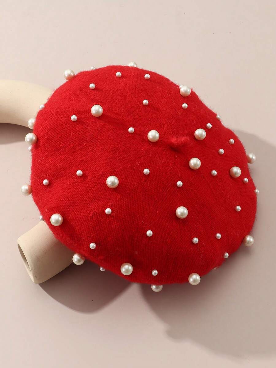 Children's Red Faux Pearl Beret - Red - View 1