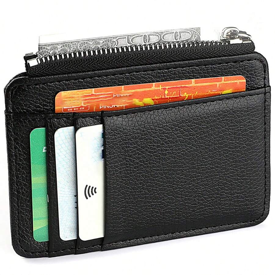 chất liệu da PU Kích thước nhỏ Ví thẻ Ví Đối với phụ nữ , Với dây kéo Huy hiệu tiền xu) Túi Và Thẻ căn cước Slot - màu đen - Xem 1