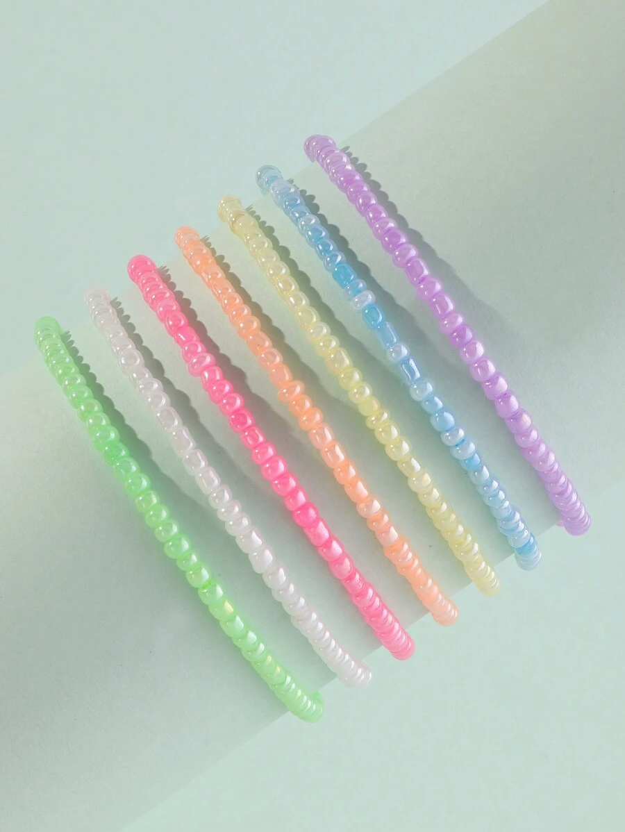 7pcs/Set Girls' Mixed Color Rice Bead Bracelet Set, Suitable For Daily Decoration - Multicolor - View 1