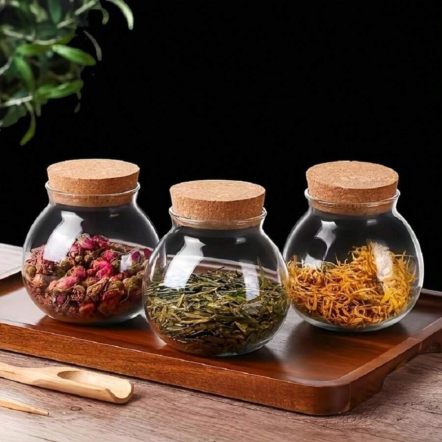 1pc Transparent Round Glass Jar With Lid, Lead-Free, Sealed, Cute Storage Container For Tea, Flowers, Small And Household - White - View 1