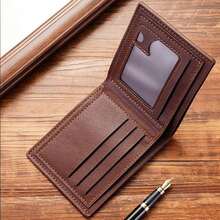1個男士經典商務和休閒單色復古pu皮短款錢包,送給老師的禮物,男士禮物,父親禮物 - 棕色 - 查看 3