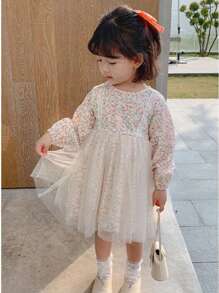 Young Girl Summer Princess Dress With Floral & Mesh Contrast
