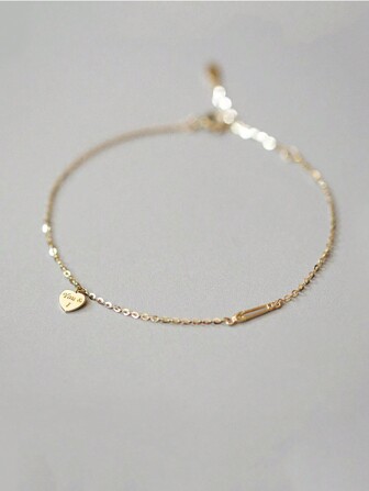 1pc S925 Sterling Silver Heart & Paper Clip Shaped Minimalist Bracelet Holiday Valentines