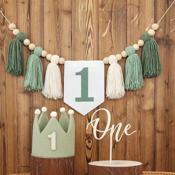 Decoración hecha a mano para la torta del primer cumpleaños: banderín, sombrero de corona tejido en verde, decoración para el dormitorio del bebé en su primer cumpleaños, decoración para el hogar, decoración de habitación, decoración de pared