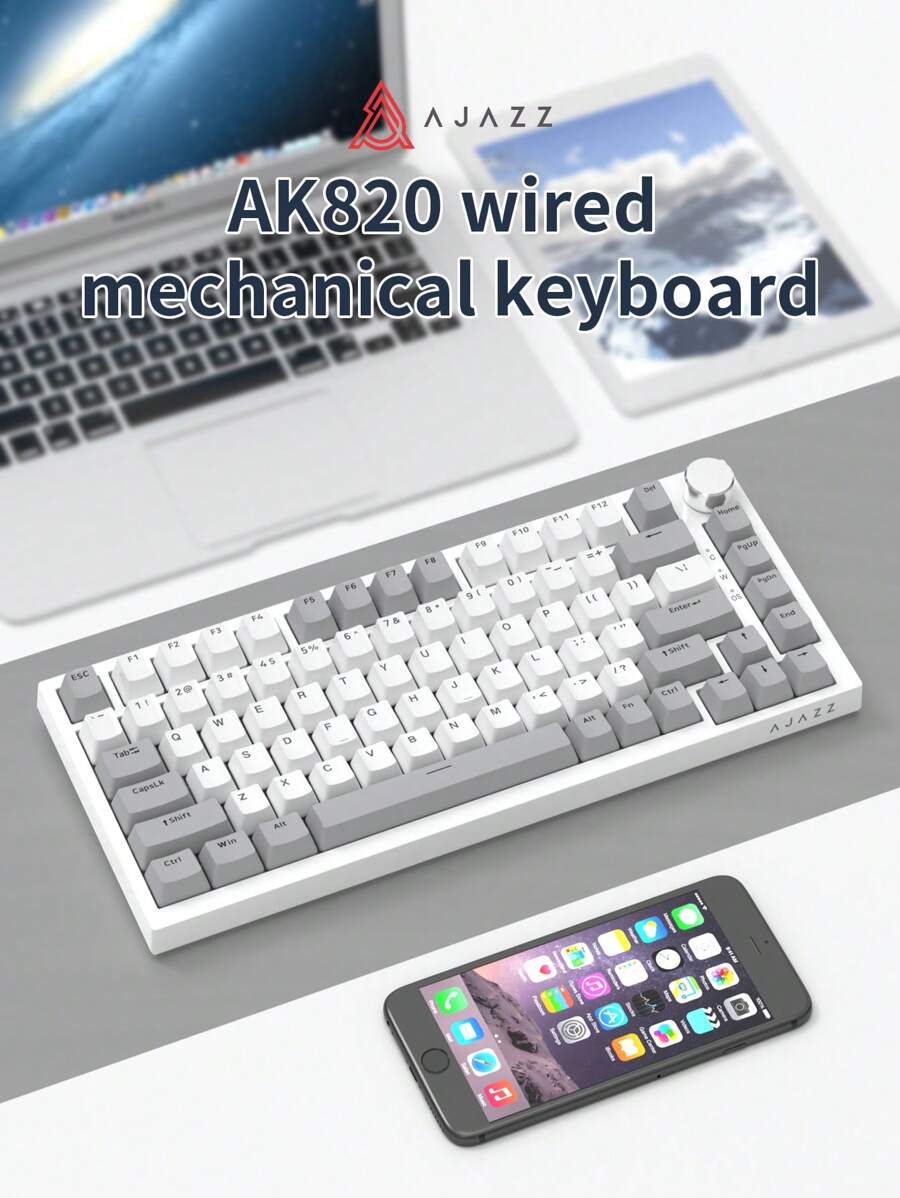 Ajazz Ak820 遊戲機械鍵盤82鍵限量版遊戲鍵盤,適用於個人電腦筆記本電腦,灰色和白色 - 白色 - 查看 1