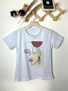 Camiseta blusa T-Shirt Feminina Algodão Gola Careca simples 100% algodão Moda casual padrão de cara de menina Desenho simples - Branco - Visão 2