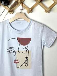 Camiseta blusa T-Shirt Feminina Algodão Gola Careca simples 100% algodão Moda casual padrão de cara de menina Desenho simples - Branco - Visão 4