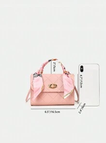 Silk Scarf Decorated Embossed Twist-Lock Handbag - Pink - View 3