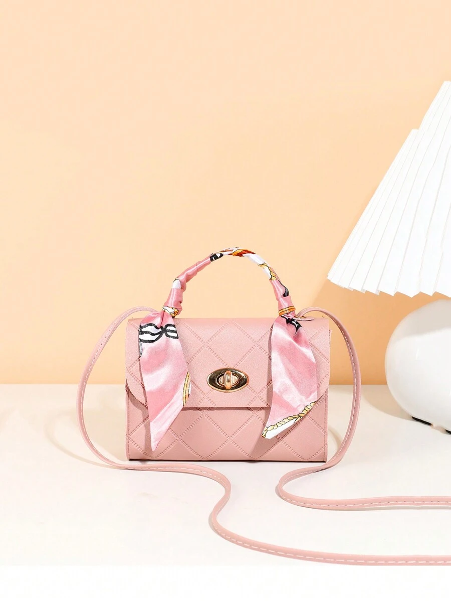 Silk Scarf Decorated Embossed Twist-Lock Handbag - Pink - View 1