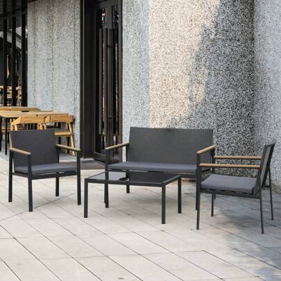 Outsunny 4 Piece Rattan Garden Furniture Set Wicker Weaved W/ 2 Single Sofa Arm Chairs, 1 Bench Loveseat With Cushions And 1 Coffee Table For Patio, Backyard, Garden - Black