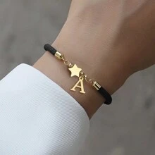 1pc New Stainless Steel Initial Pendant Adjustable Rope Bracelet For Women - Golden Stars - View 1