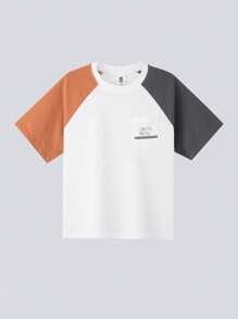 zosee Summer Young Boy Color Blocking Dinosaur & Letter Print Short Sleeve T-Shirt With Front Pocket