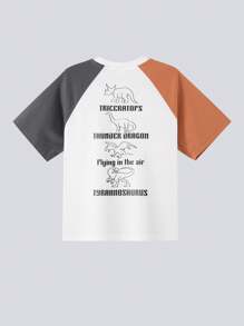zosee Summer Young Boy Color Blocking Dinosaur & Letter Print Short Sleeve T-Shirt With Front Pocket