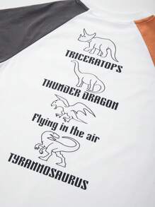 zosee Summer Young Boy Color Blocking Dinosaur & Letter Print Short Sleeve T-Shirt With Front Pocket
