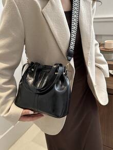 2025新款欧美复古纹理托特包容量大肩带宽，可用作手提包、单肩包或斜挎包 - 黑色 - 查看 5