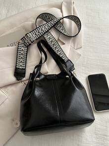 2025新款欧美复古纹理托特包容量大肩带宽，可用作手提包、单肩包或斜挎包 - 黑色 - 查看 7