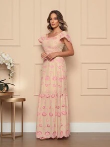 DUOUNO MODAS- WOMEN'S LONG  COTTON DRESS EMBROIDERED WITH LASTEX AT THE BACK- 100% BRAZILIAN WOMEN'S DRESS - Màu be - Xem 5
