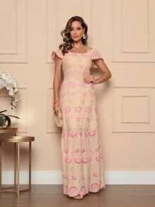 DUOUNO MODAS- WOMEN'S LONG  COTTON DRESS EMBROIDERED WITH LASTEX AT THE BACK- 100% BRAZILIAN WOMEN'S DRESS - Màu be - Xem 1