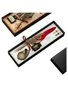 1pc Vintage Feather Pen For Wedding Event, European Style Dip Pen Set Including Ink, Wax Seal Stamp With Gift Box - Multicolor - View 1